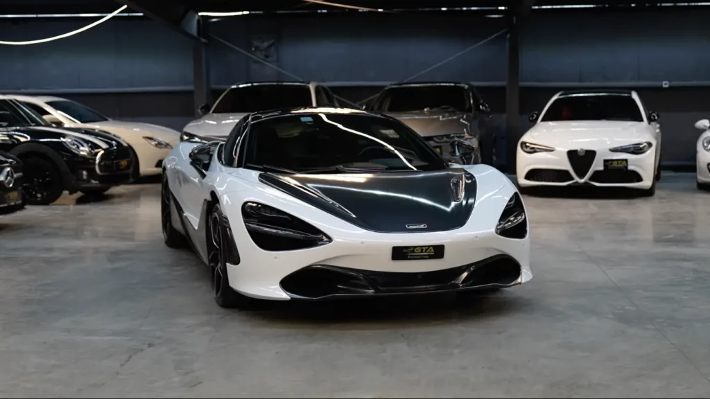 White McLaren 720S on the GTA Cars showroom floor in Dubai