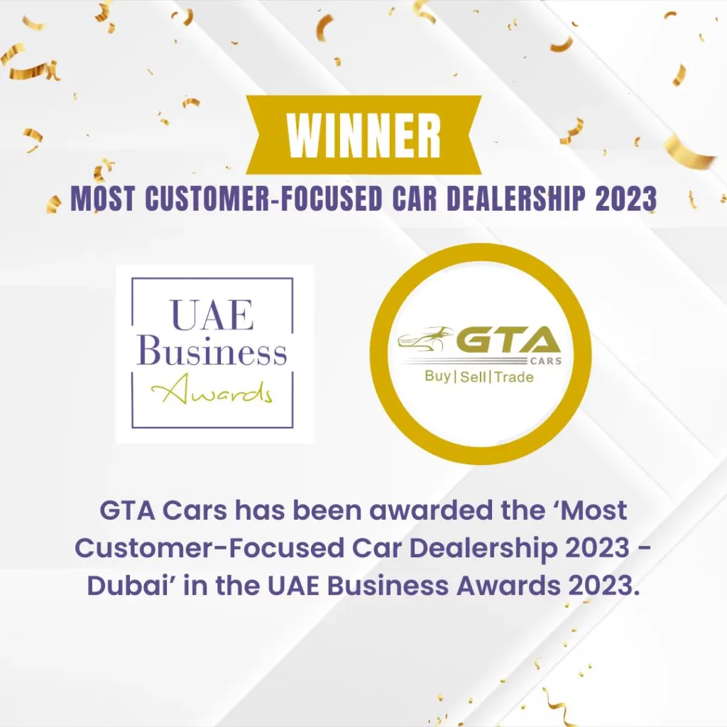 UAE Business Awards 2023 winner graphic naming GTA Cars Most Customer-Focused Car Dealership 2023 in Dubai, with the UAE Business Awards and GTA Cars logos